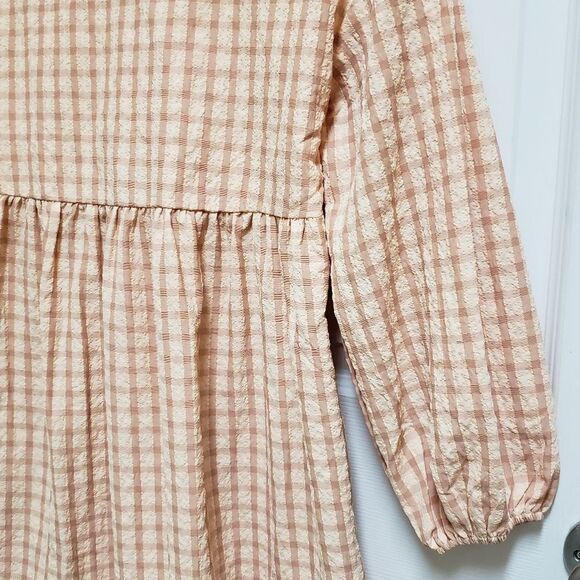 Petal & Pup Dress Womens Size 2 Peach Plaid Lace Up Puff Sleeve Cottage Prairie - Picture 7 of 11